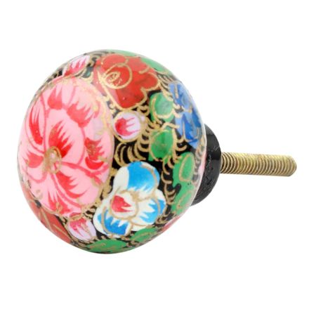 Pink Green Floral Hand Painted Kashmiri Indian Cabinet Knobs